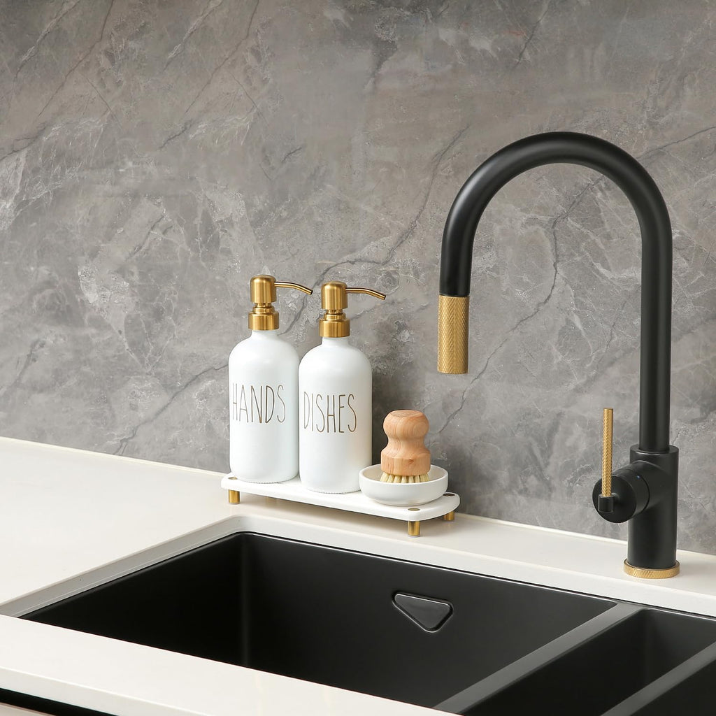 MOMEEMO Gold Soap Dispenser Set Comes with Stainless Steel Pumps, Instant Dry Tray, and Dish Scrub Brush, Suitable for Kitchen Decor and Accessories. (Gold)