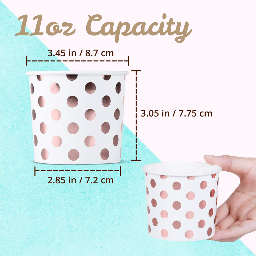 MATICAN Paper Ice Cream Cups - 100-Count 11-Oz Disposable Bowls with Rose Gold Foil Dots