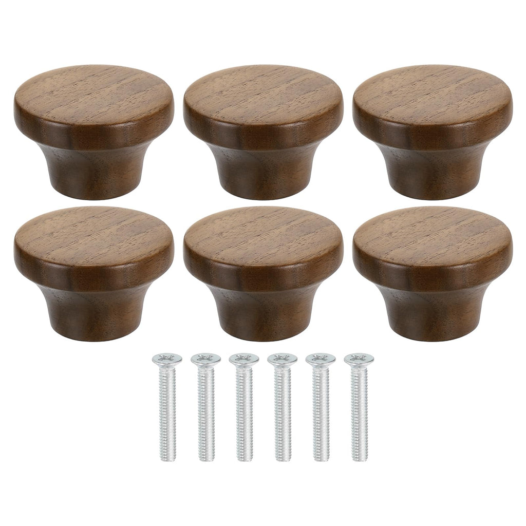 uxcell 6Pcs Round Wood Drawer Knob, 1 5/8" Diameter Flat Head Dresser Knobs Wooden Knobs with Screws for Furniture Drawer Dresser Wardrobe Cupboard, Walnut