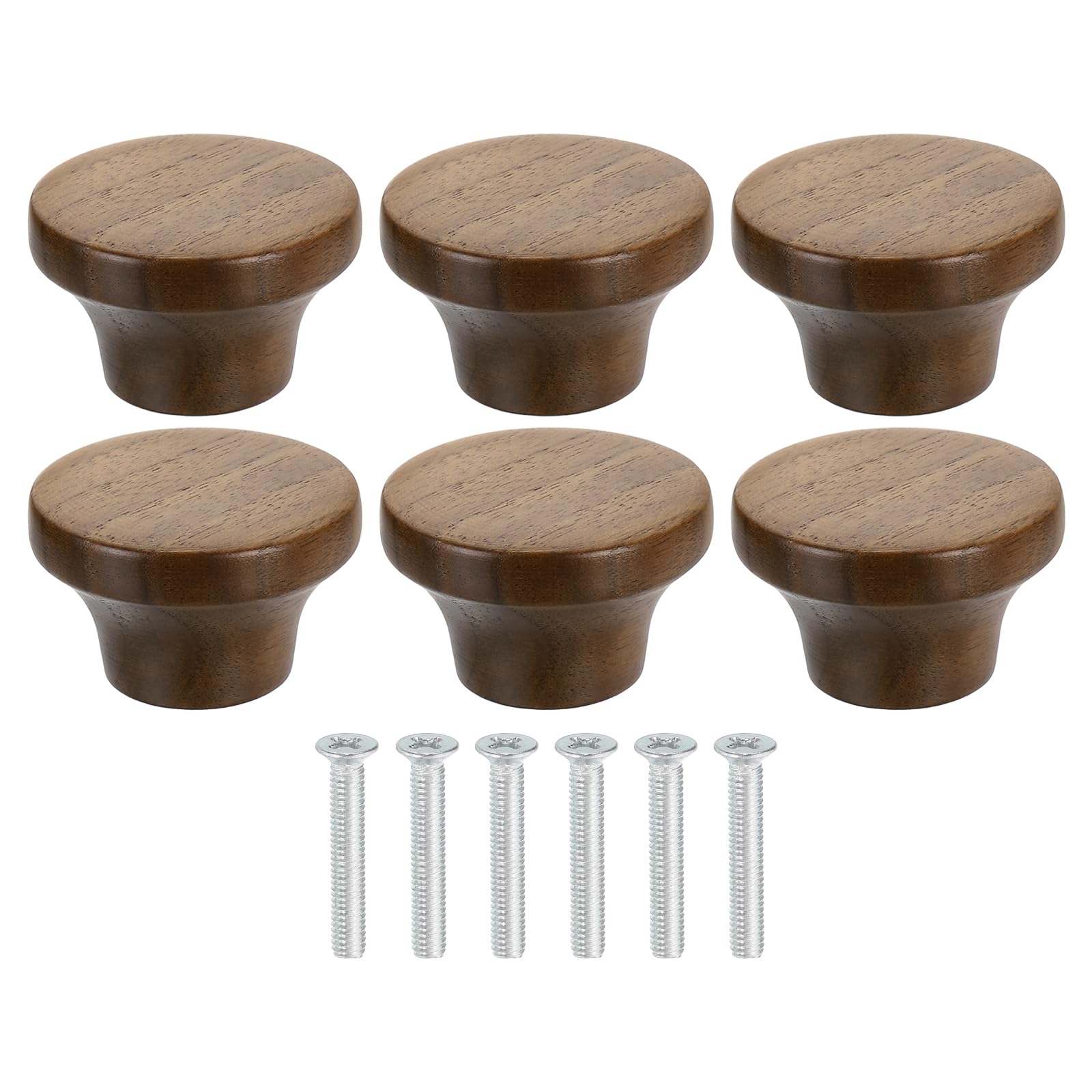 uxcell 6Pcs Round Wood Drawer Knob, 1 5/8" Diameter Flat Head Dresser Knobs Wooden Knobs with Screws for Furniture Drawer Dresser Wardrobe Cupboard, Walnut