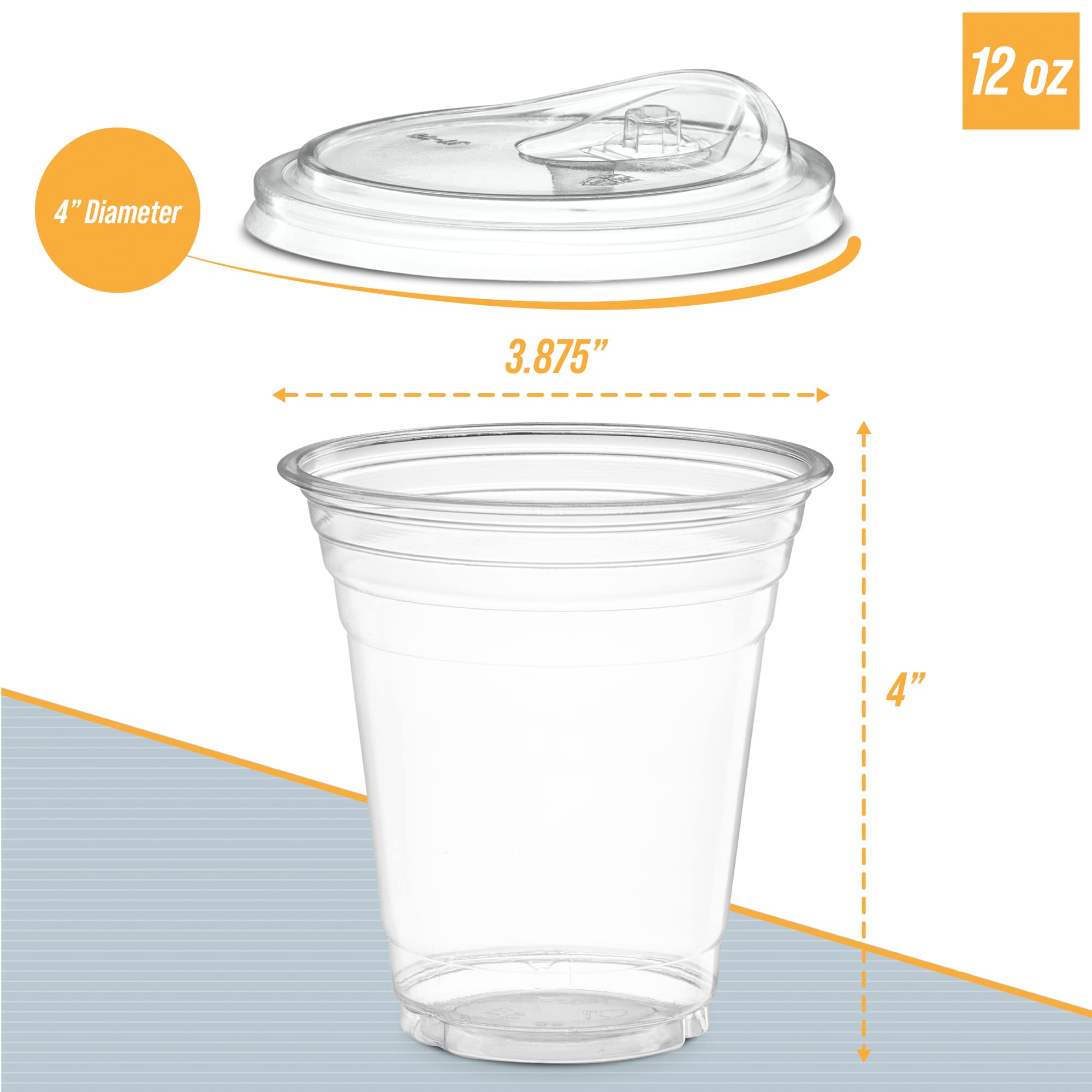 12 oz. Clear Cups with Strawless Sip-Lids, PET Crystal Clear Disposable 12 oz Plastic Cups with Lids [50 Sets]
