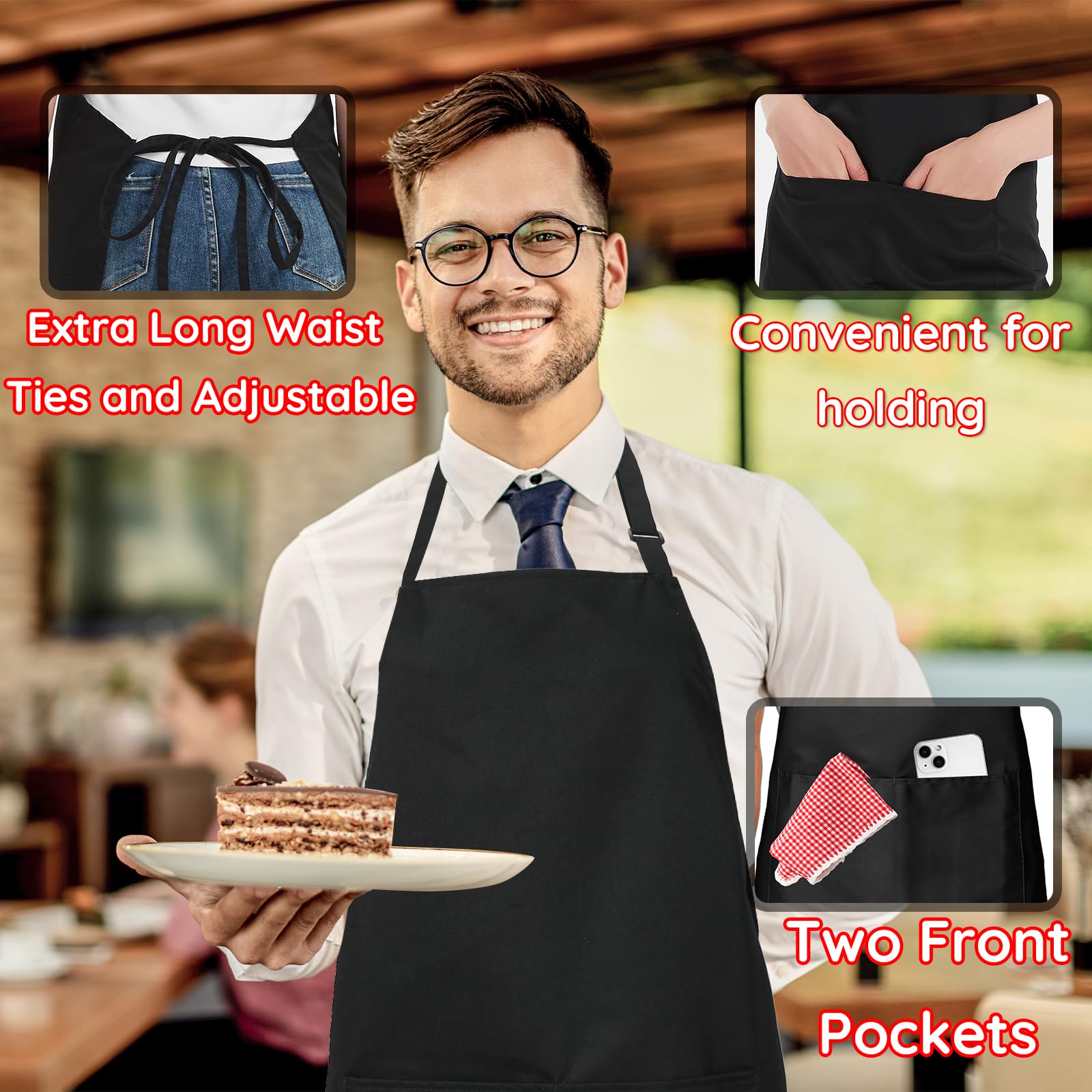 4 Packs Chef Apron, Black Waterproof Apron, Adjustable Apron with 2 Pockets for Men Women, Professional Apron for Kitchen Cooking Gardening Painting Baking Restaurant (Black)