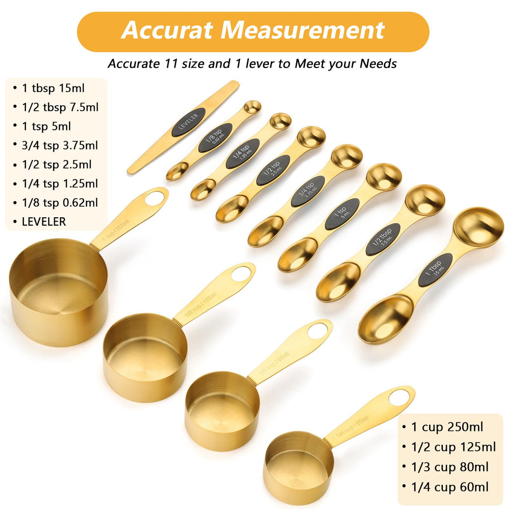 GuDoQi Gold Magnetic Measuring Spoons and Cups Set of 12, 8 Dual Sided Magnetic Measuring Spoons Set with Leveler, 4 Measuring Cups, Premium Stainless Steel, Measuring for Liquid and Dry Ingredients