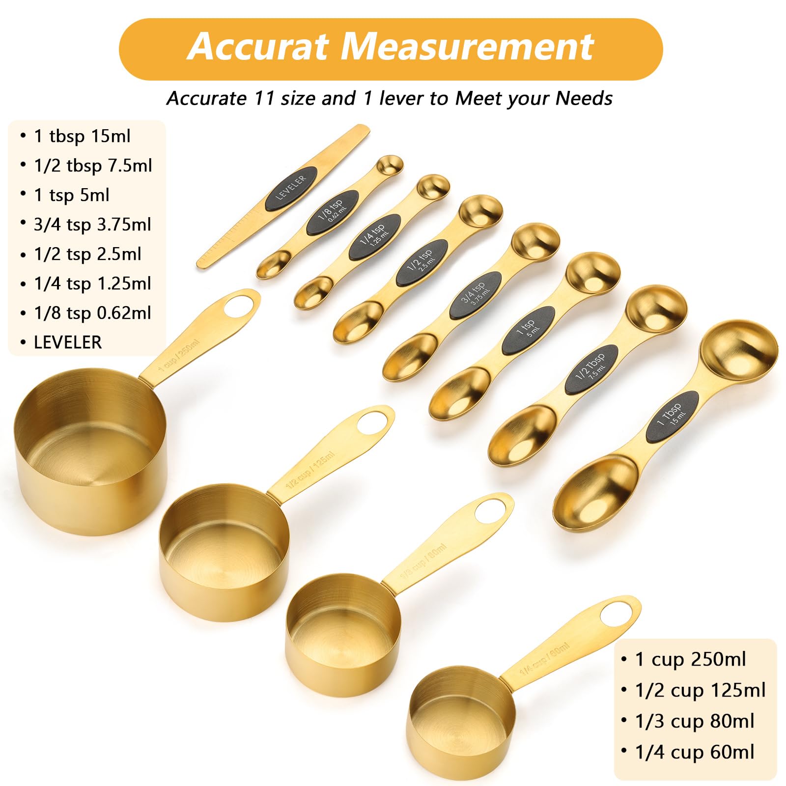 GuDoQi Gold Magnetic Measuring Spoons and Cups Set of 12, 8 Dual Sided Magnetic Measuring Spoons Set with Leveler, 4 Measuring Cups, Premium Stainless Steel, Measuring for Liquid and Dry Ingredients