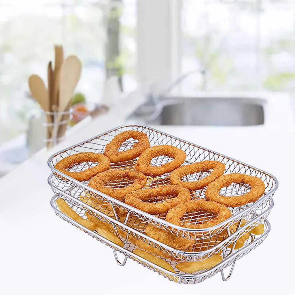 Three Stackable Dehydrator Racks Air Fryer Rack for Ninja Dual Fryer, Air Fryer Accessories 304 Stainless Steel Air Fryer Basket Tray for Oven and Press Cooker Compatible (Rectangle)