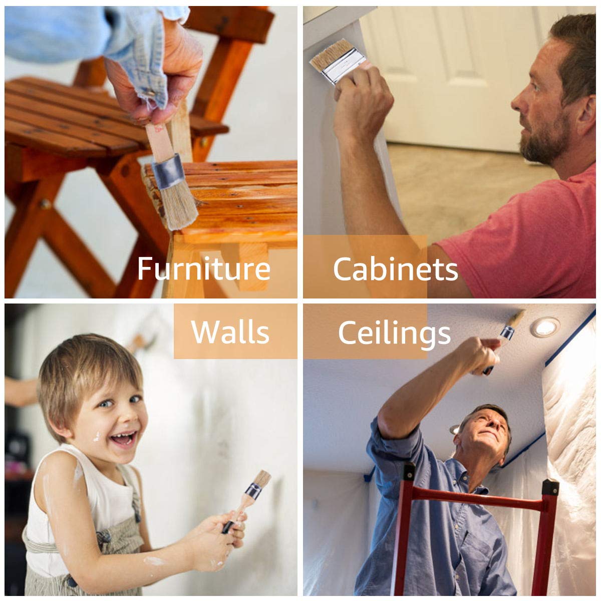 eZAKKA Natural Bristles Wax & Chalk Paint Brush 4-Pack, 1.2‘’, 3.9'' Round & Flat Chip Paint Brushes Set for Furniture Walls Ceilings, 3-Small & 1-Large Paintbrushes for Stain Milk Paint