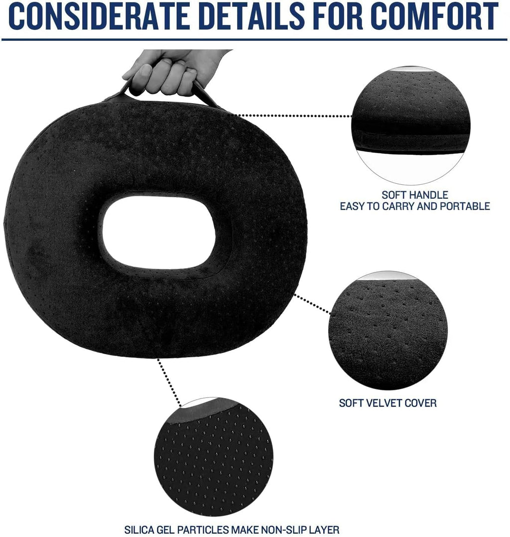Donut Pillow Memory Foam Seat Cushion - Non-Slip Bottom,Portable Orthopedic Hemmoroid Pillow Cushion Support Pad for Tailbone Pain，Coccyx, Bed Sores, Post Natal, Sciatica (Black)