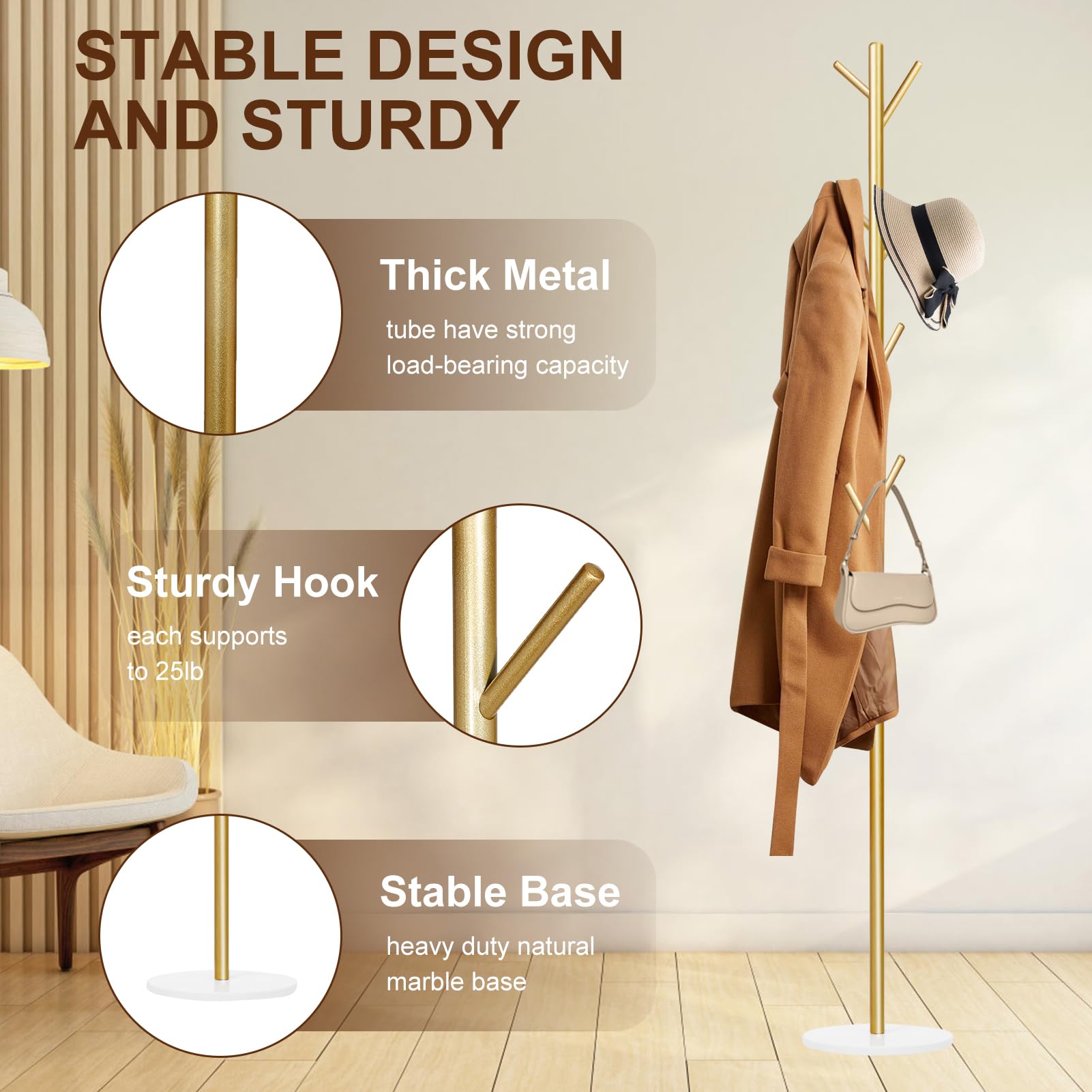 Coat Rack, Metal Freestanding Coat Rack with 8 Hooks, Sturdy Coat Tree with Natural Marble Base for Coats, Hats, Scarves and Handbags for Entryway, Hallway, Bedroom, Office(Gold)