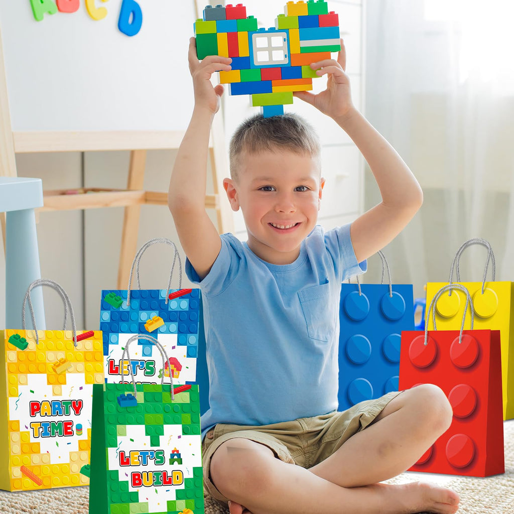Building Block Party Favor Bags,24 Pcs Building Block Gift Bags Set Building Block Party Bags,Building Block Party Present Bags Bricks Theme Paper Bag for Building Block Birthday Party Decorations