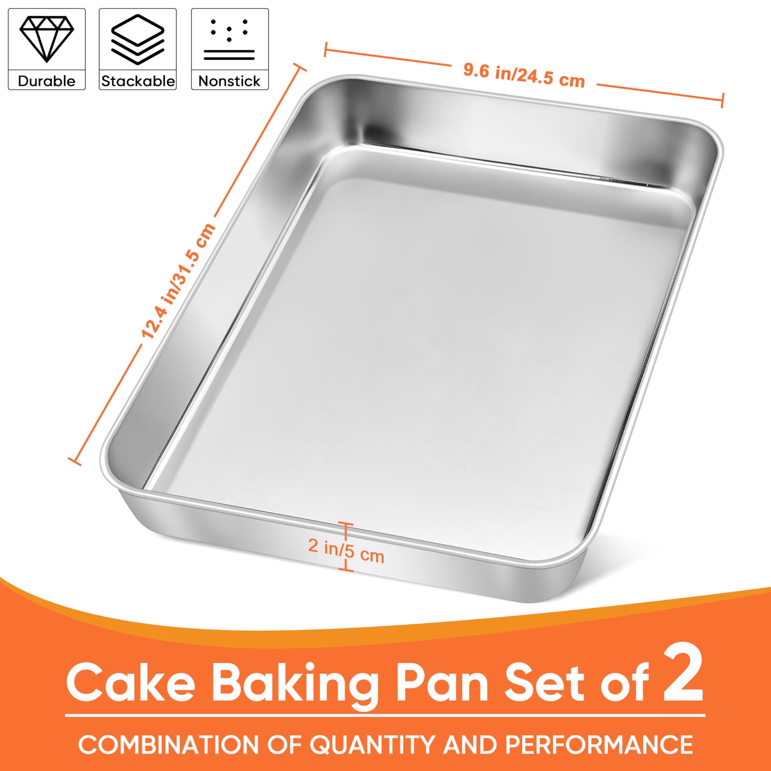 Herogo Rectangle Cake Pan Set of 2, 9 X 12 X 2 Inch Stainless Steel Baking Pan for Oven, Lasagna Brownies Casseroles Cakes Bakeware, Dishwasher Safe