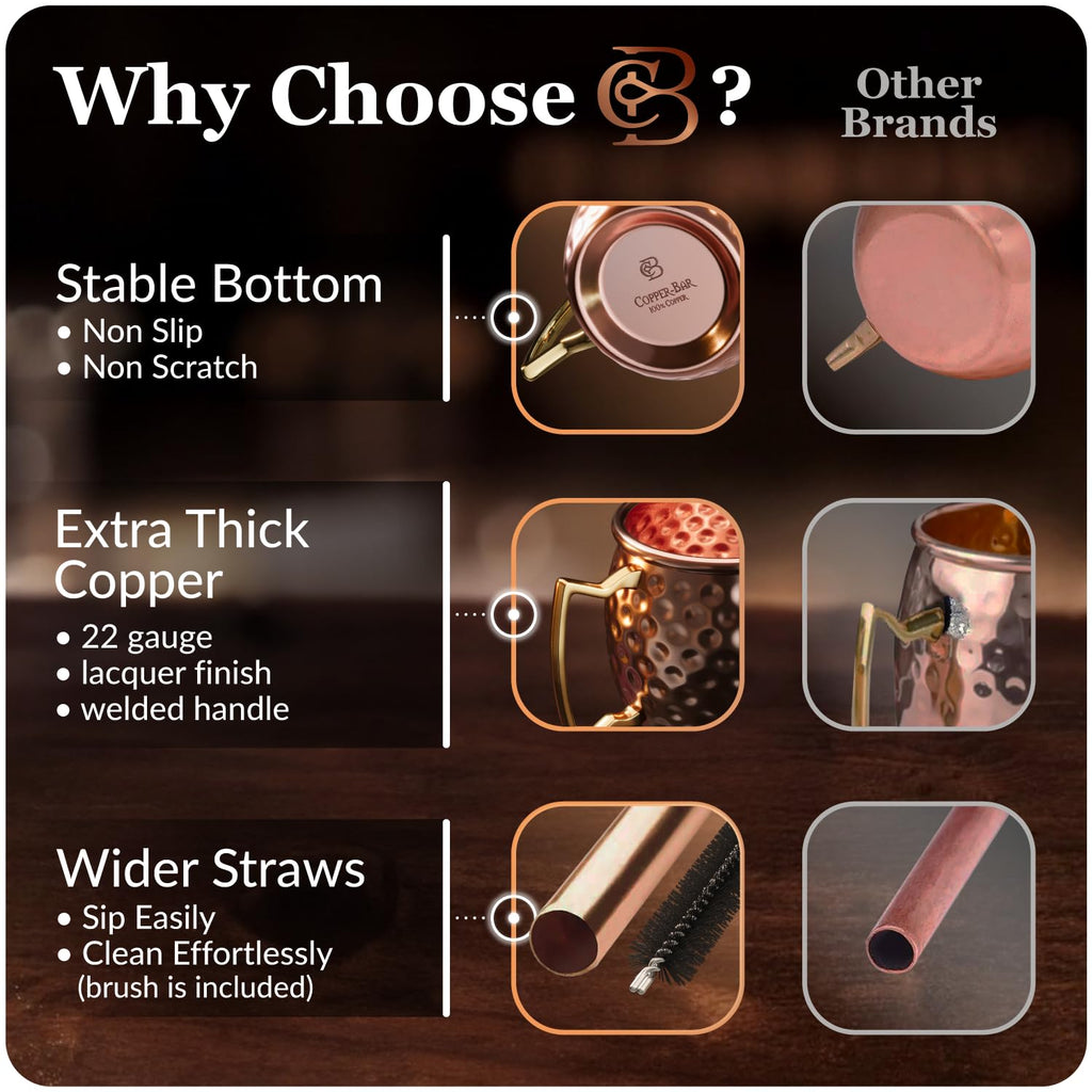 COPPER-BAR Moscow Mule Copper Mugs - Unique HANDCRAFTED Gift Set of 2, Hammered by Artisan, 100% Pure Solid Copper Cups 16oz for Drinking Water & Cocktails, Include 13 Pcs accessories & Special Opener