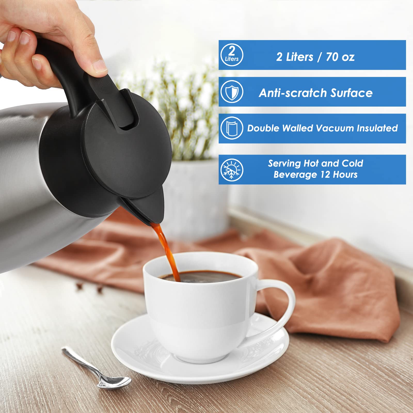 Hossejoy 70 oz / 2 Liter Stainless Steel Thermal Coffee Carafe, Tea, Water, and Coffee Dispenser, Double Walled Vacuum Insulated Carafe, Sliver