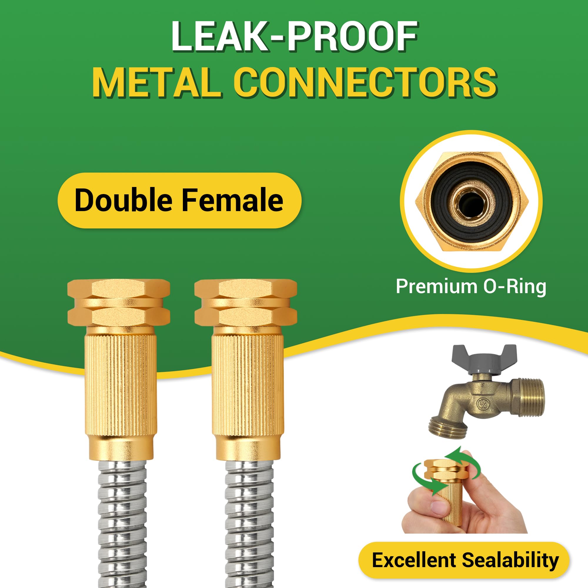 360 GADGET Garden Hose - Short Water Leader Metal Hose 3 FT with Female to Female Fitting, Flexible, Heavy Duty Hose Extension for Outdoor Hose Reel/Dehumidifier/RV、304Stainless Steel