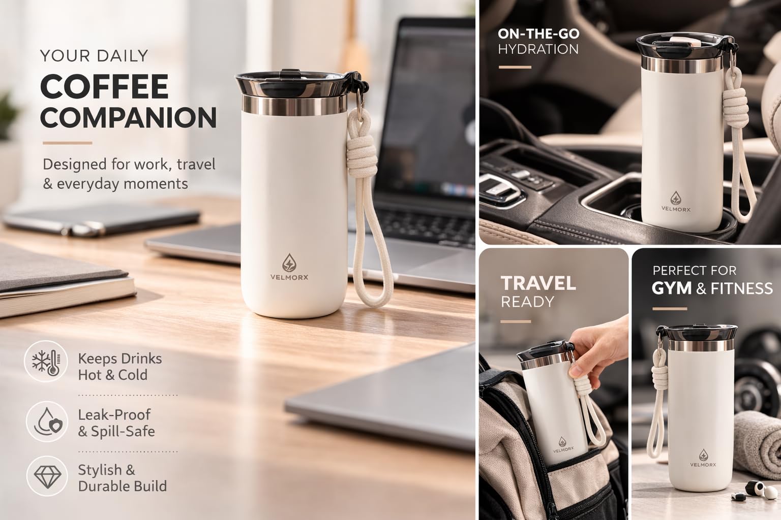 VELMORX Insulated Stainless Steel Travel Mug – 12 oz | Leak-Resistant Lid, Double-Wall Vacuum Coffee Cup – Keeps Drinks Hot/Cold – Reusable Portable Mug (White)