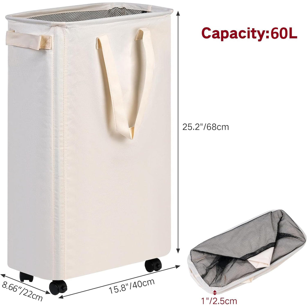 efluky Slim Laundry Hamper with Wheels, Rolling Laundry Basket for Clothes, Small Laundry Basket for Bedroom, Dorm and Laundry Room, 60L Beige