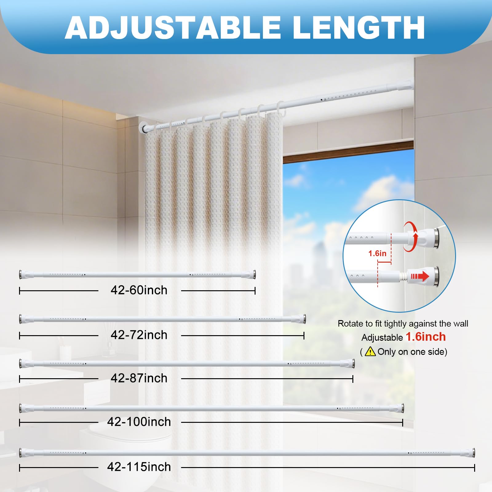 White Tension Curtian rod no drill, 42 to 115 inch Adjustable Heavy Duty black shower curtain rod for Windows bathroom Closet
