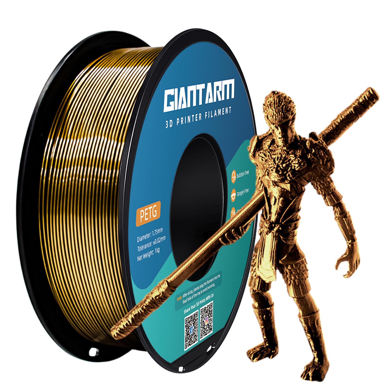 GIANTARM PETG 3D Printer Filament 1.75mm Metal Copper, Dimensional Accuracy +/-0.03mm, 1kg (2.2lbs), 1080 Feet （330m） Per Roll, Vacuum Packaging, Toughness Enhanced, Fit for Most 3D FDM Printer