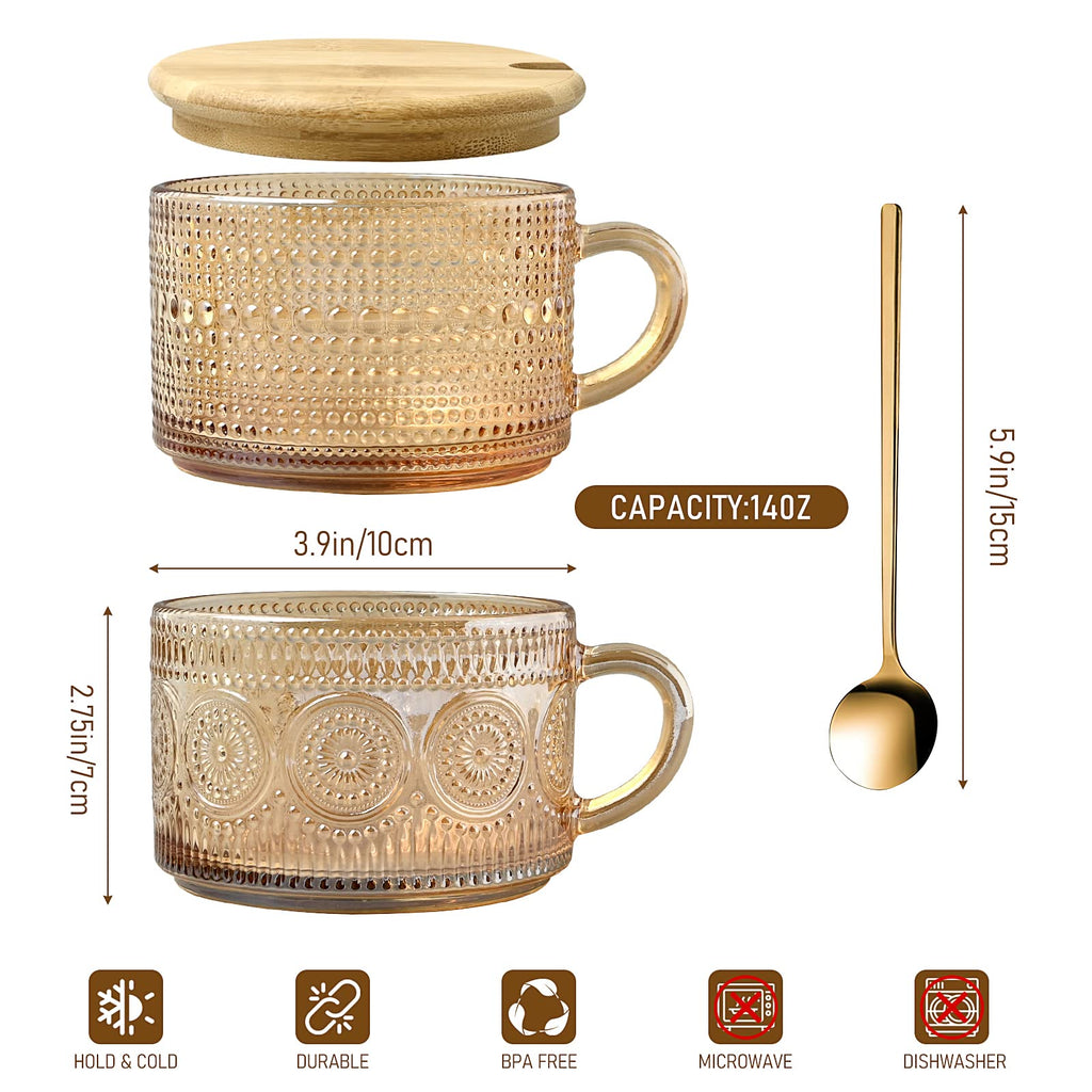 Vintage Coffee Mug Set - 4 Glass Cups with Bamboo Lids and Spoons, 14 Oz Embossed Glass Coffee Mugs, Stackable, Clear Breakfast Cups for Cereal, Yogurt, Latte, Tea (Amber)