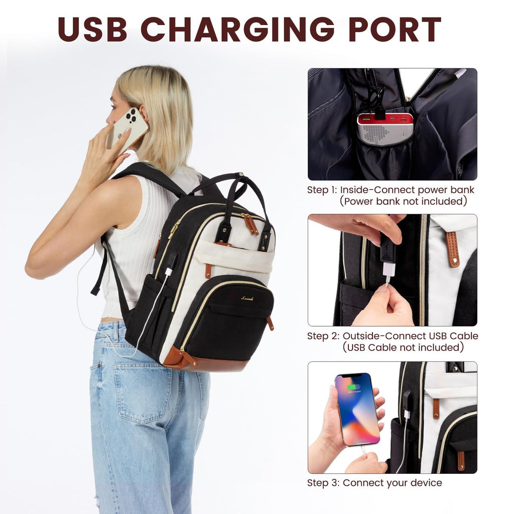 LOVEVOOK Laptop Backpack for Women, Travel Backpacks Work Bags, Backpack Purse, Business Computer Bags with USB, Waterproof, Fits 15.6 Inch Laptop Bag, Beige-Black-Brown