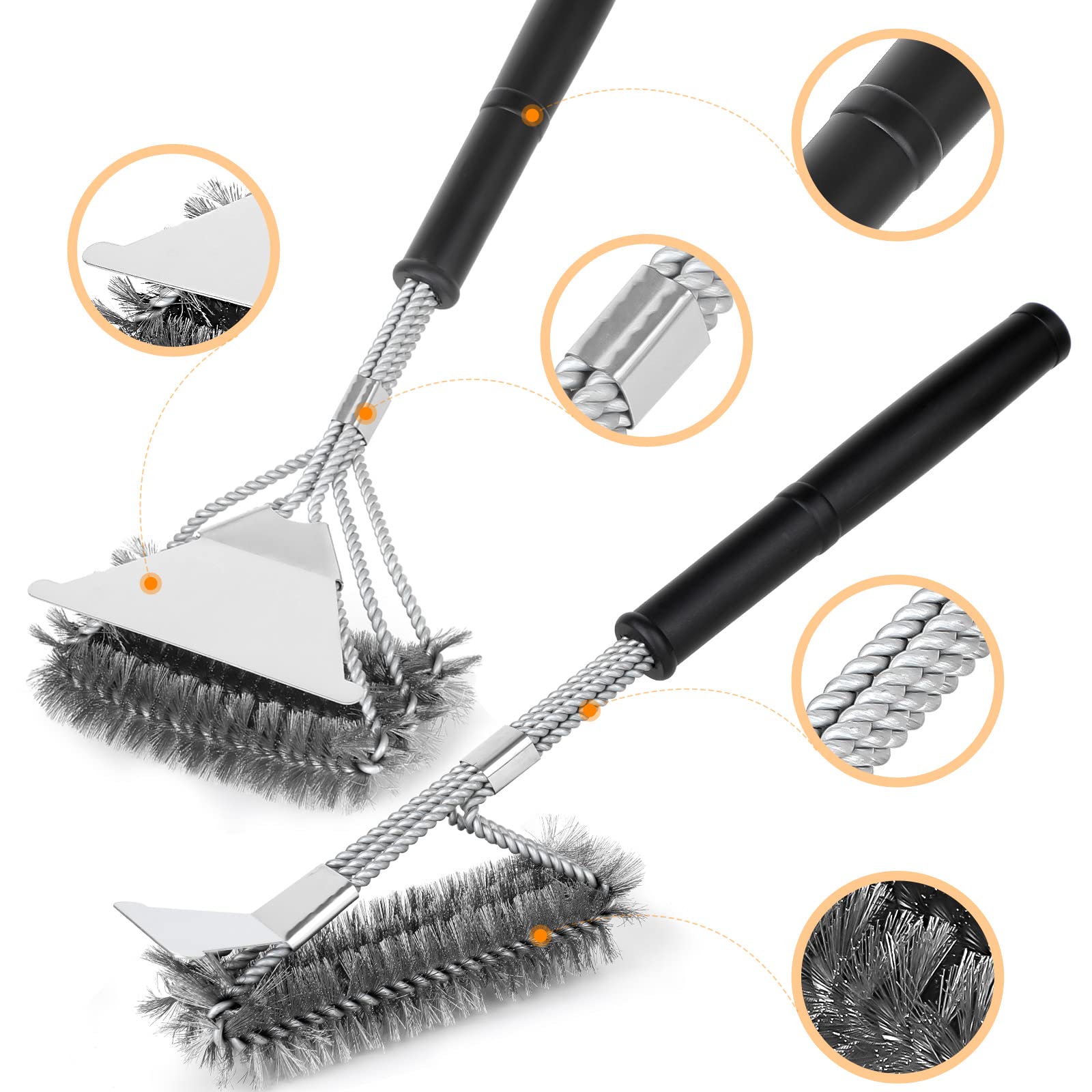 BBQ Grill Brushes, 2 Packs BBQ Brush Cleaner for Grill, Stainless Steel BBQ Cleaning Brush with Scraper, BBQ Brush Bristle Free Suitable for Gas, Charcoal, Infrared & Barbecue Grill
