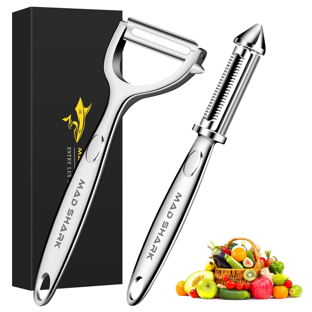 MAD SHARK Ultra Sharp Vegetable Peelers for Kitchen – 10 Years No-Rust Stainless Steel Serrated Potato Peeler Easy to Use Y Peeler with Durable Non-Slip Ergonomic Grips for Carrots, 2pc