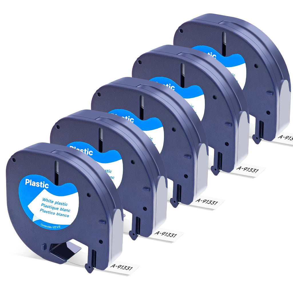 5PK Compatible with Dymo Letratag 91331(S0721610) Plastic 12mm(1/2Inch) White Label Maker Tape Cassette Refills Cartridge