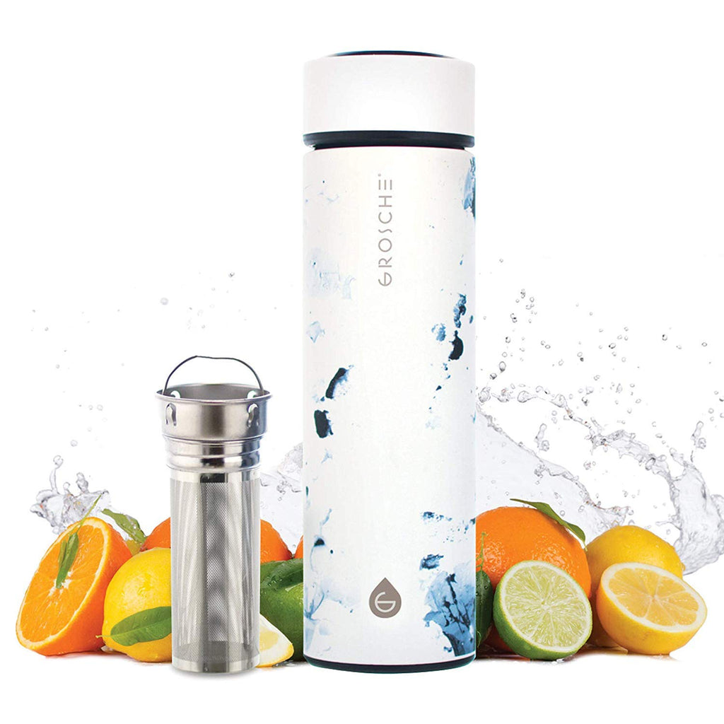 GROSCHE Chicago Soft Touch (White Marble) Fruit Infuser Water Bottle Double Walled Tea Infuser Bottle Insulated Stainless Steel Water Bottle Vacuum Flask 450 ml/ 15.2 fl. Oz