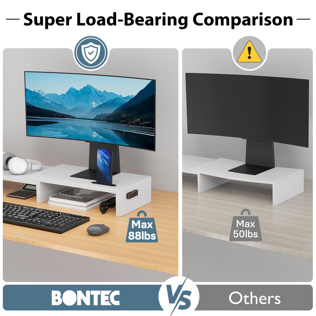 BONTEC Dual Monitor Stand Riser with Smartphone Holder, Adjustable Length & Swivel Angle Wooden Desktop Organizer Stand PC Riser for PC Monitor Laptop Printer, White