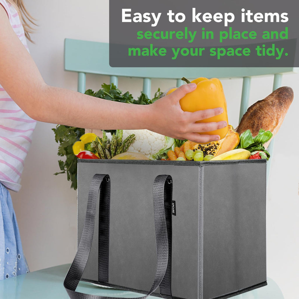 BURVAGY 4 Pack Reusable Grocery Bags - Heavy Duty Reusable Shopping Bags with Box Shape to Stand Up, Stay Open, Fold Flat - Foldable Grocery Tote Bag with Long Handles & Reinforced Bottom Grey