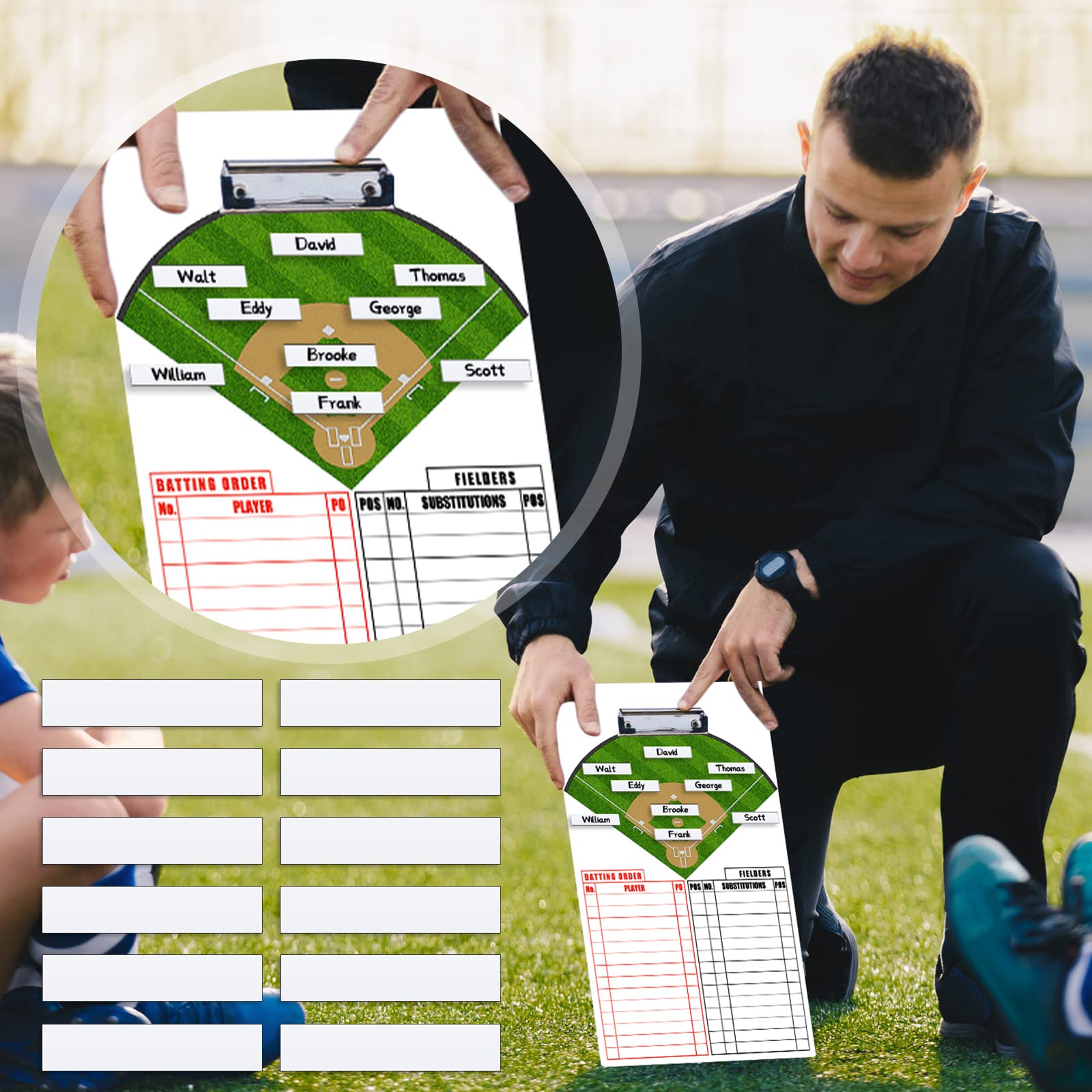 Deekin 60 Pack 2.36 x 0.51 Inches Magnetic Baseball Lineup Board Tabs White Magnetic Dry Erase Labels Write Wipe Magnet Strip for Dugout Name Tags Softball Line up Board Clipboard Calendar Home Office