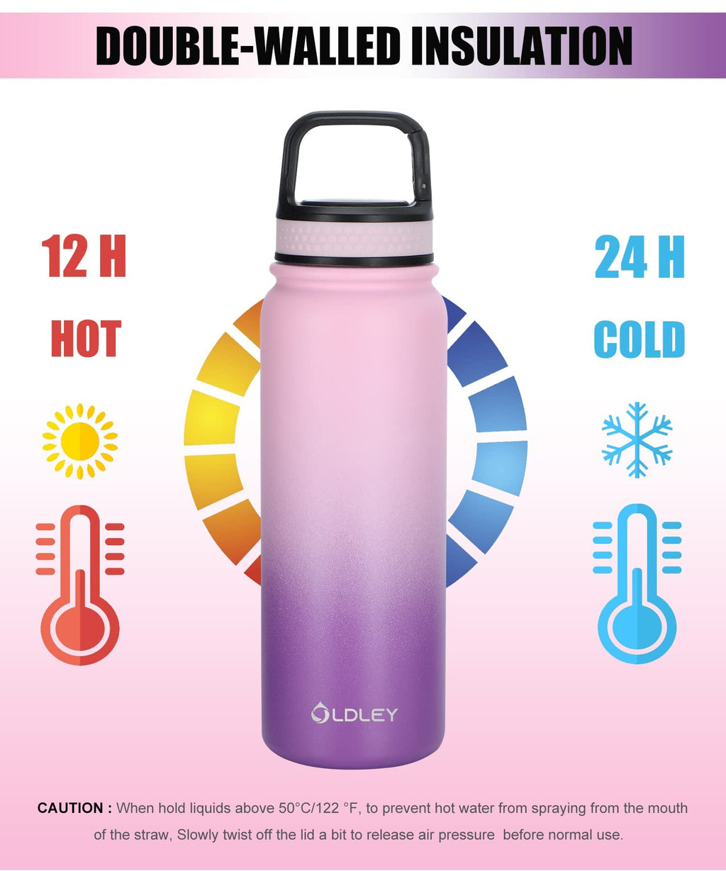 Oldley Insulated Water Bottle with Straw 20oz Stainless Steel Water Bottles with 3 lids Double-Wall Vacuum Thermal for Kids Adults School Sports,Ombre Pink-Purple