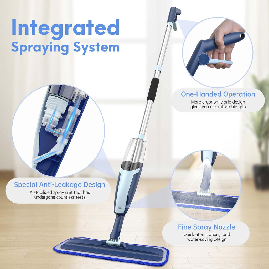 VENETIO Premium Microfibre Spray Mop with Refillable Sprayer for Quick Dry and Wet Floor Cleaning or Dusting | Wood, Laminate, Tile, Vinyl, Hardwood Floor Mop with 3 Reusable and Washable Pads, Blue