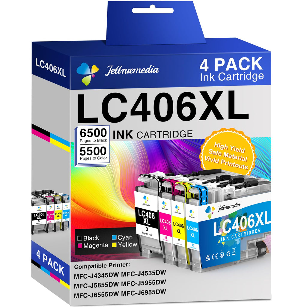 LC406XL Ink Cartridges Compatible with Brother LC406XL LC 406 XL High Yield Work with Brother MFC-J4335DW MFC-J4535DW MFC-J5855DW MFC-J6955DW MFC-J6555DW Printer (4 Pack, Black, Cyan, Magenta, Yellow)