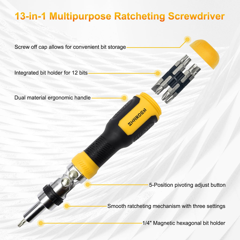 SHARDEN Ratcheting Multi Bit Screwdriver - 13-in-1 Tool Set, Flat Head/Square/Torx/Hex/Phillips, 180 Degree Pivoting Adjustable Angle Magnetic Screwdriver