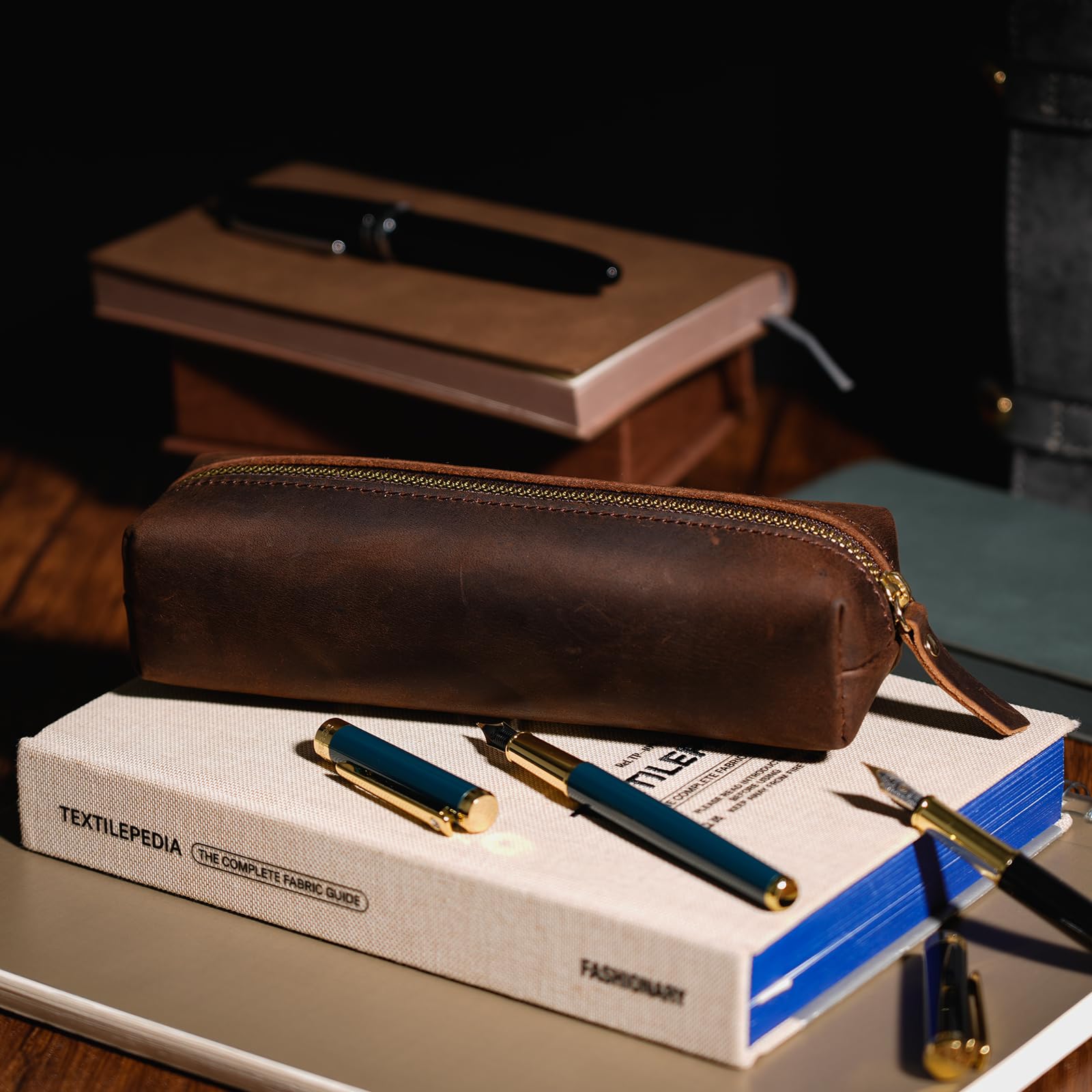 ECHSRT Small Pencil Pouch-Full-Grain Leather Pencil Case for Men- Vintage Genuine Leather Pouch for Adults-Stationery Organizer Bag for Work & Travel-Square-Coffee