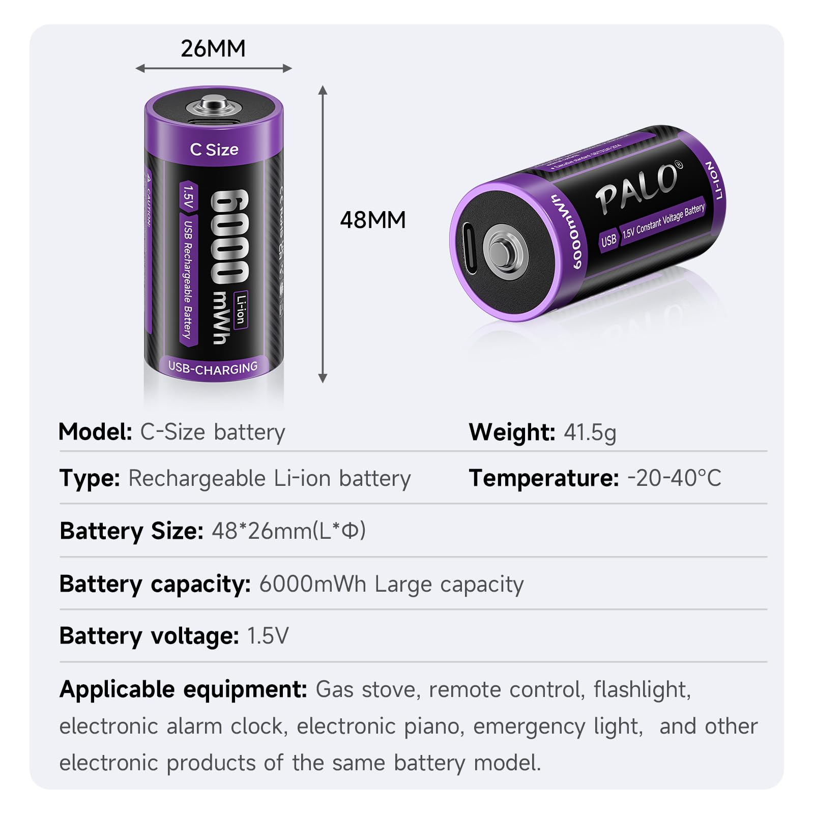 Mspalocell Rechargeable C Batteries with Charger 2 Pack, 1.5V Li-ion 6000 mWh C Cell Batteries with 2 in 1 Type-C Charging Cable for Household and Office Devices