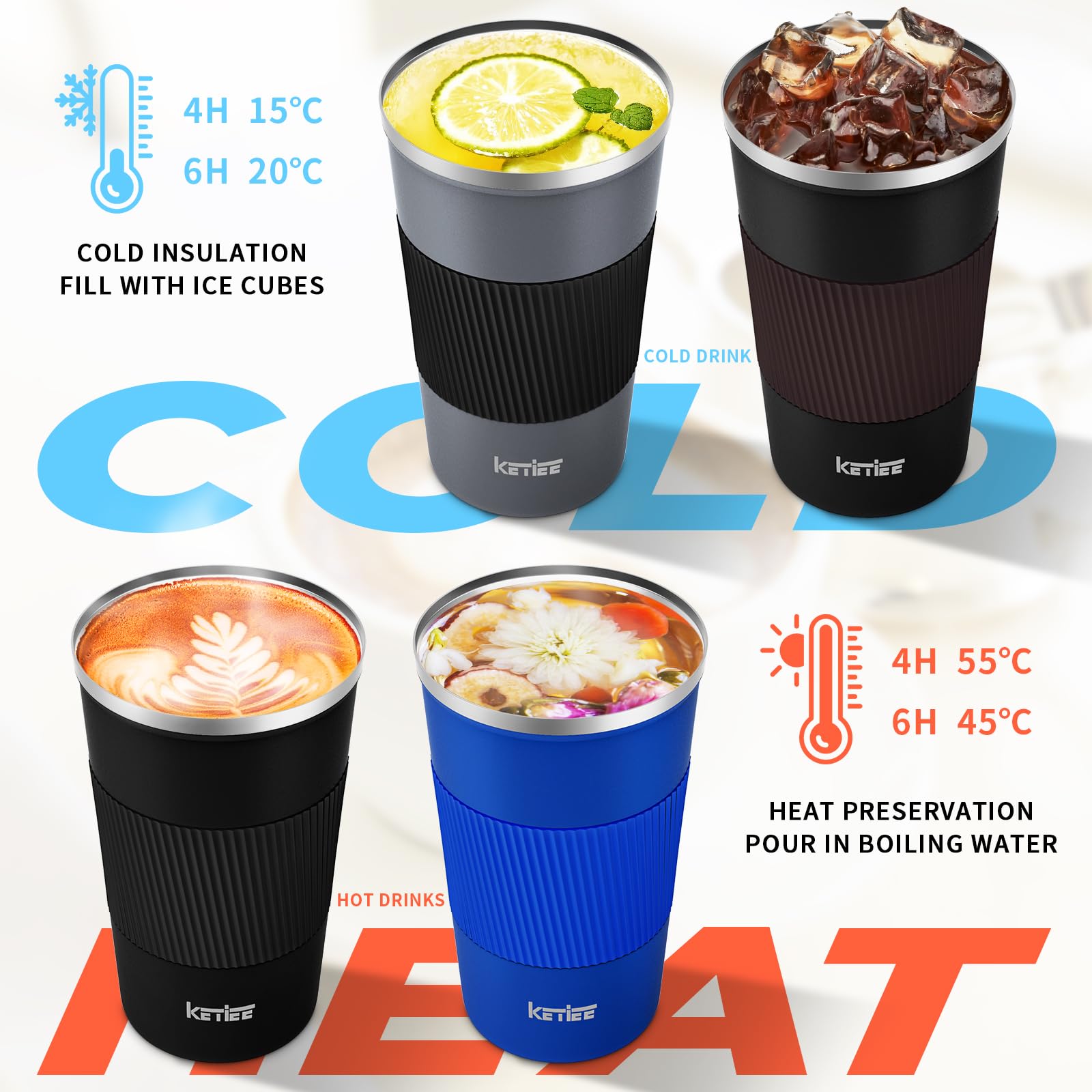 KETIEE Travel Mug 12oz, Vacuum Insulated Coffee Mug with Leakproof Lid, Travel Coffee Tumbler Stainless Steel Double Walled Reusable Coffee Cup for Hot and Iced Water (Black)