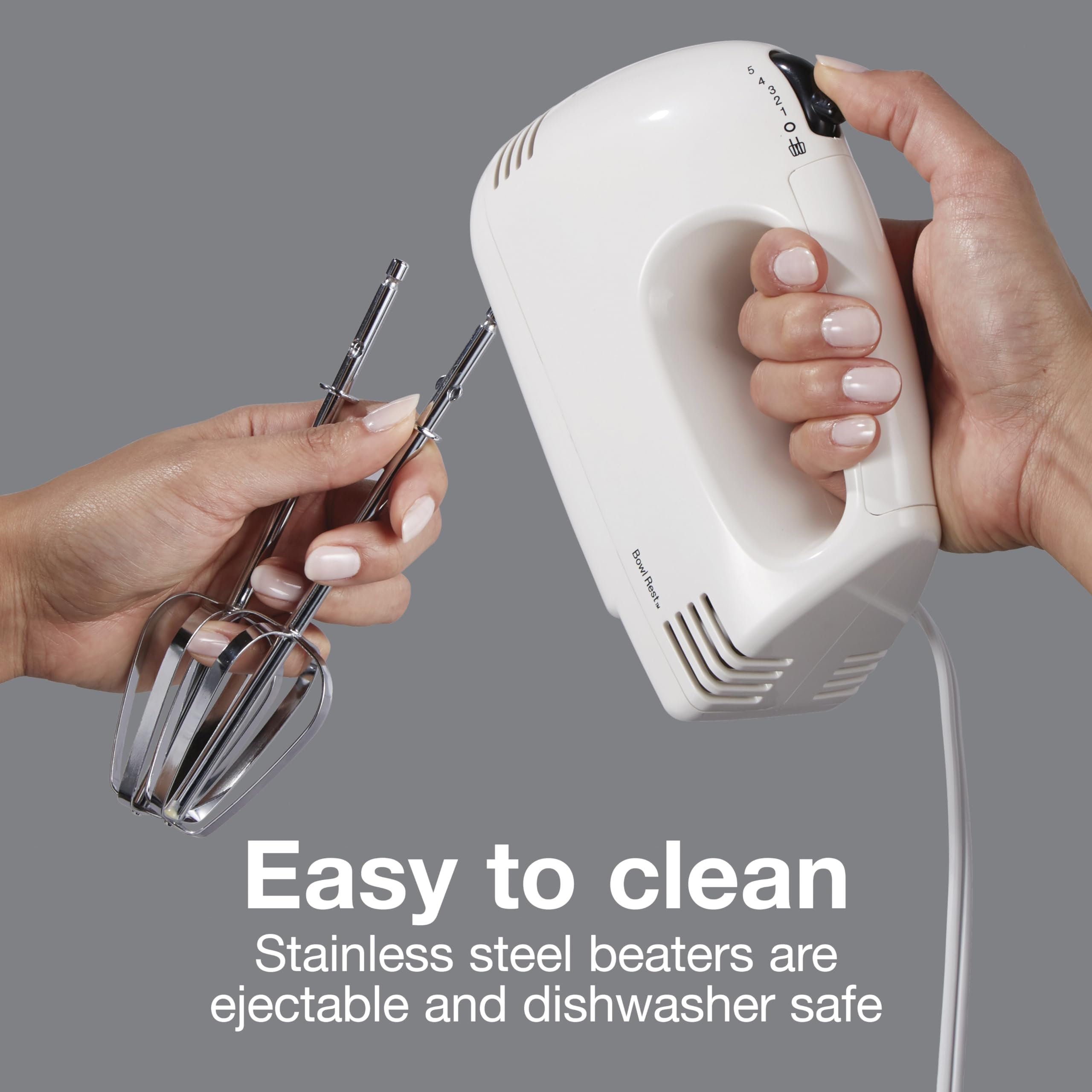 Proctor Silex Easy Mix 5-Speed Electric Hand Mixer with Bowl Rest, Compact and Lightweight, 100 Watts of Peak Power, White (62515G)