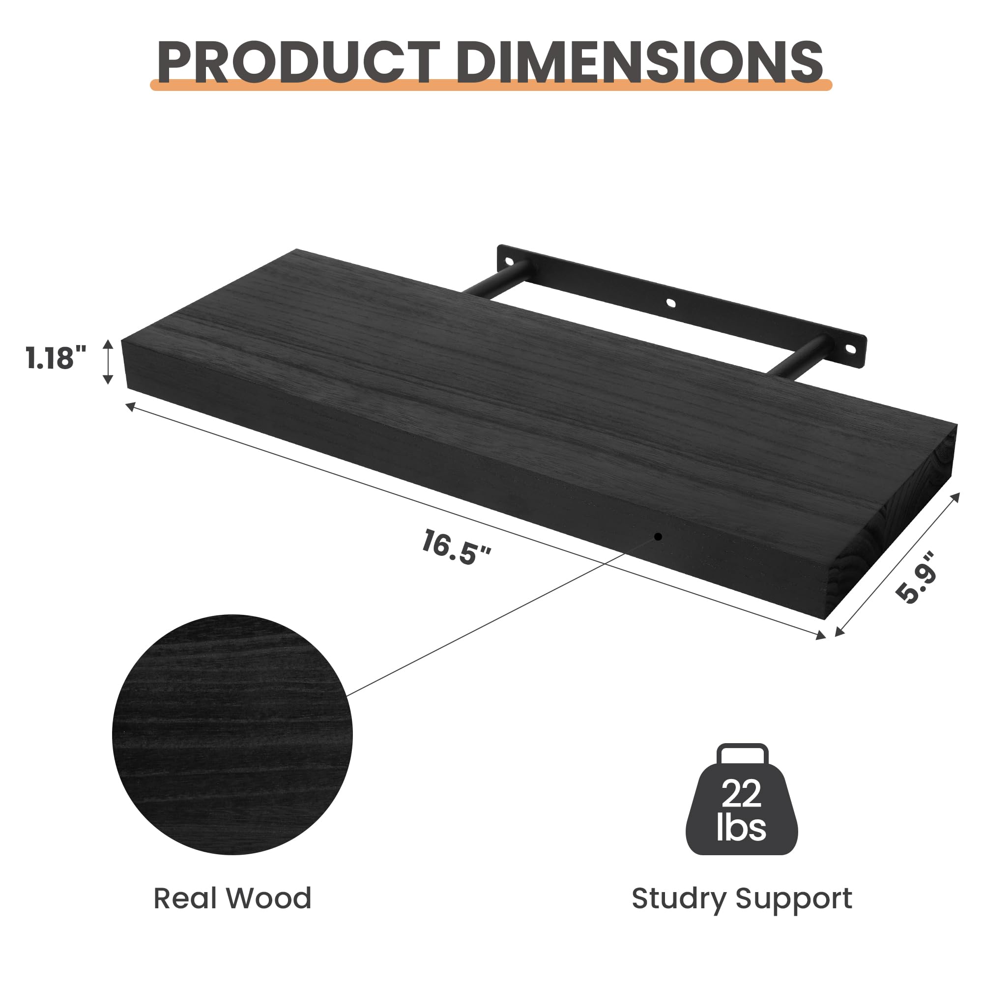 upsimples 16.5" L Black Wooden Floating Shelves with Invisible Brackets, Wall Mounted Modern Wood Shelves Set of 3, for Bathroom Bedroom
