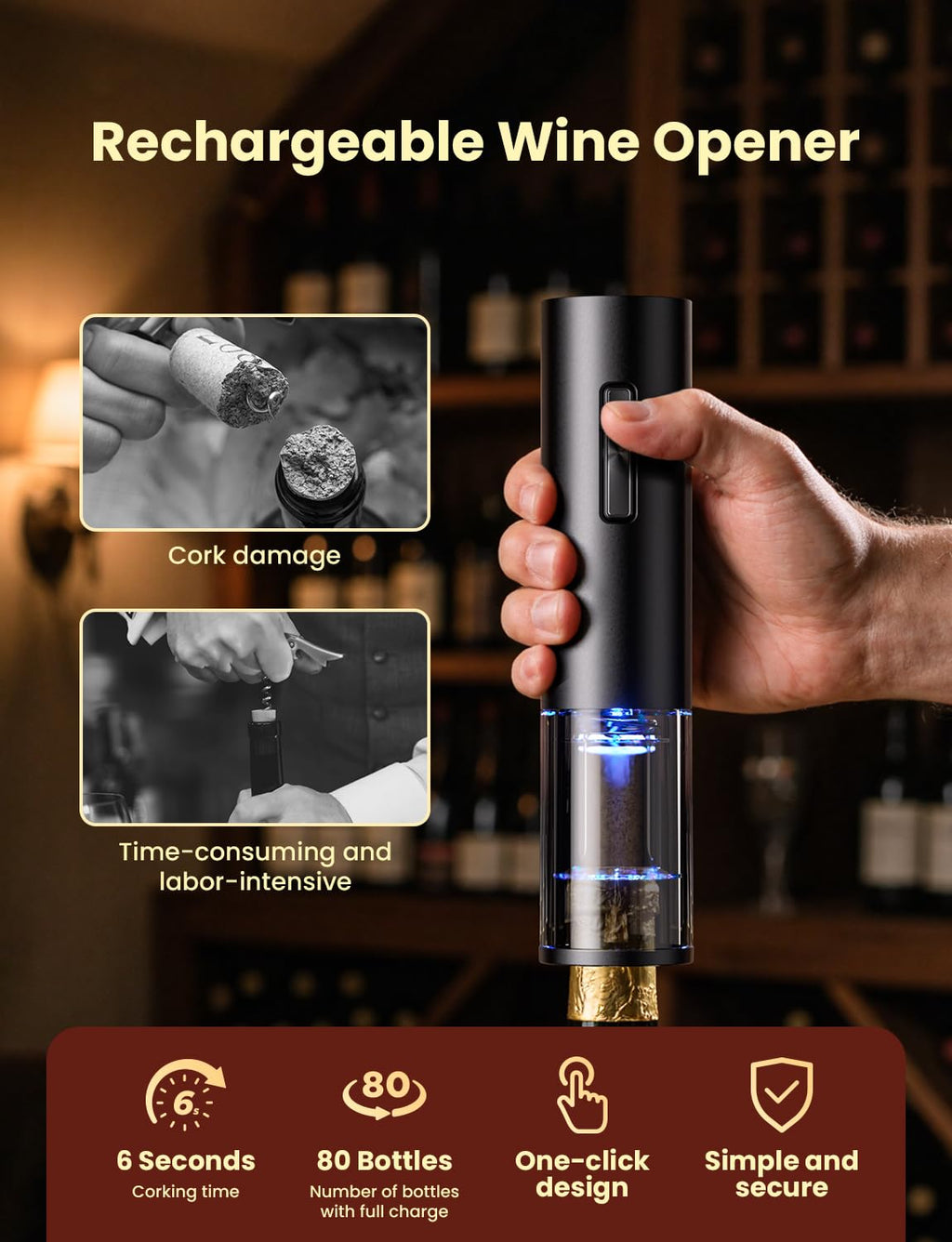 GHB Wine Opener Electric Wine Bottle Opener Rechargeable Cordless, Automatic Corkscrew Wine Opener for Home Kitchen Party Bar Gifts for Men