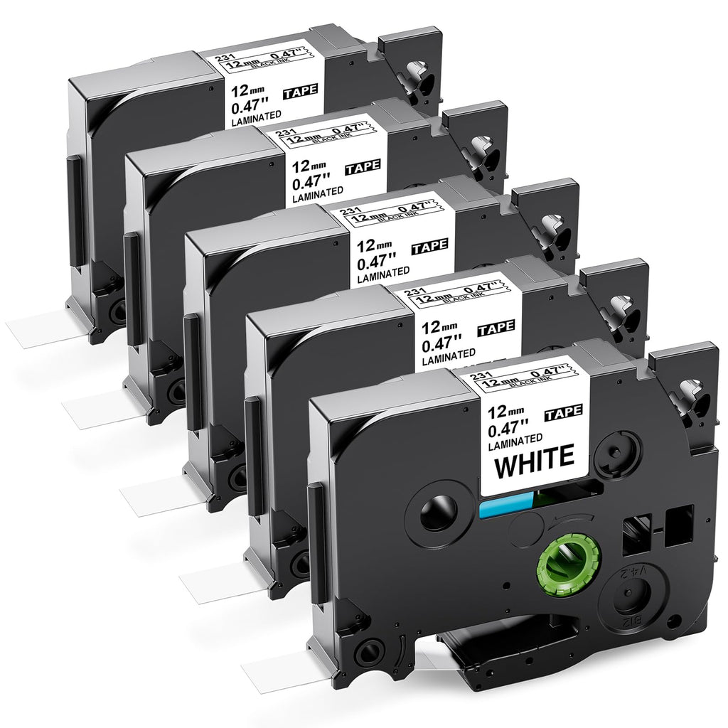 5PK Tze-231 PTH110 D210 Label Maker Tape 12mm Compatible with Brother P Touch Label Tape 12mm Tze231, Compatible for Brother P-Touch PT-D200 D220 D400AD H110 H200BP D600 1230, Tze Tz 12 mm 0.47 White