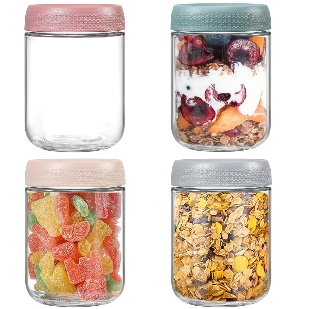 ALINK 4-pack 16 oz Overnight Oats Containers with Lids, Glass jars with Airtight Lids, Wide mouth Mason Salad jars, Glass Food Storage Containers for Snacks Yogurt Spice Sugar