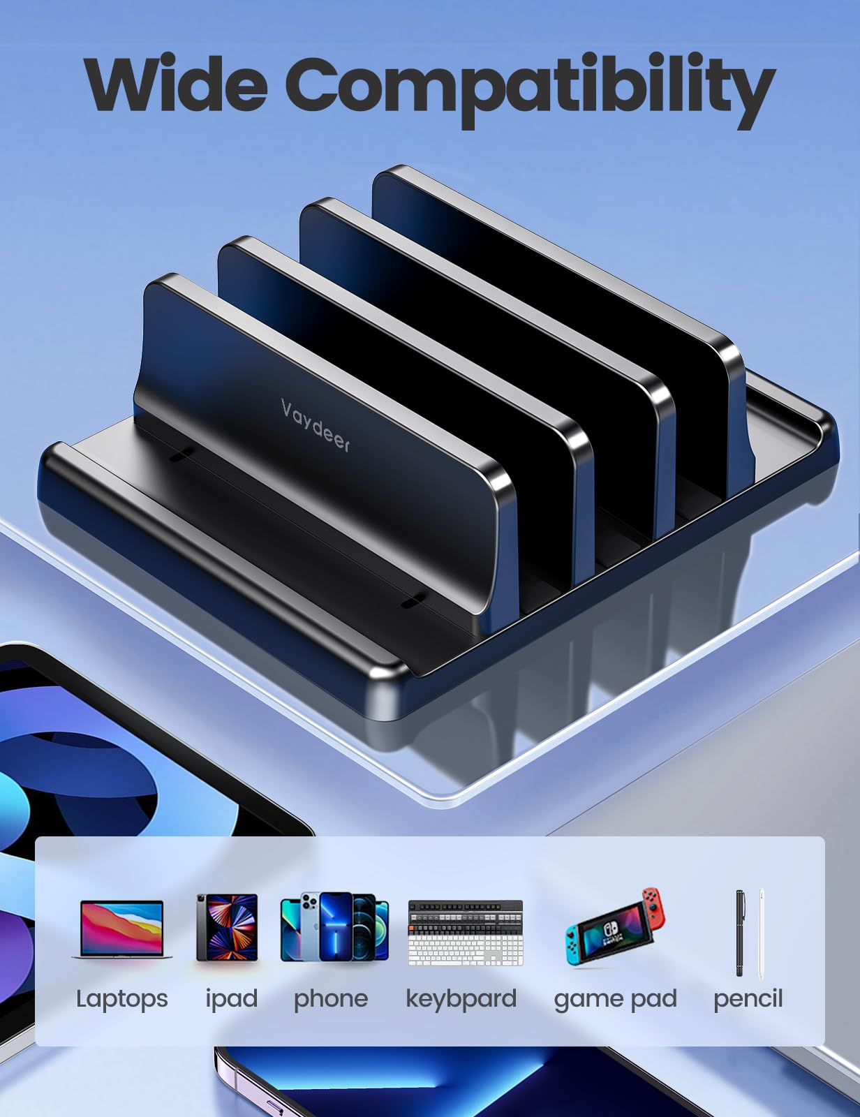 Vaydeer 3-Slot Vertical Laptop Stand Made of Premium ABS Plastics 5 in 1 Design Space-Saving Adjustable Desk Organizer for All MacBook/Chromebook/Surface