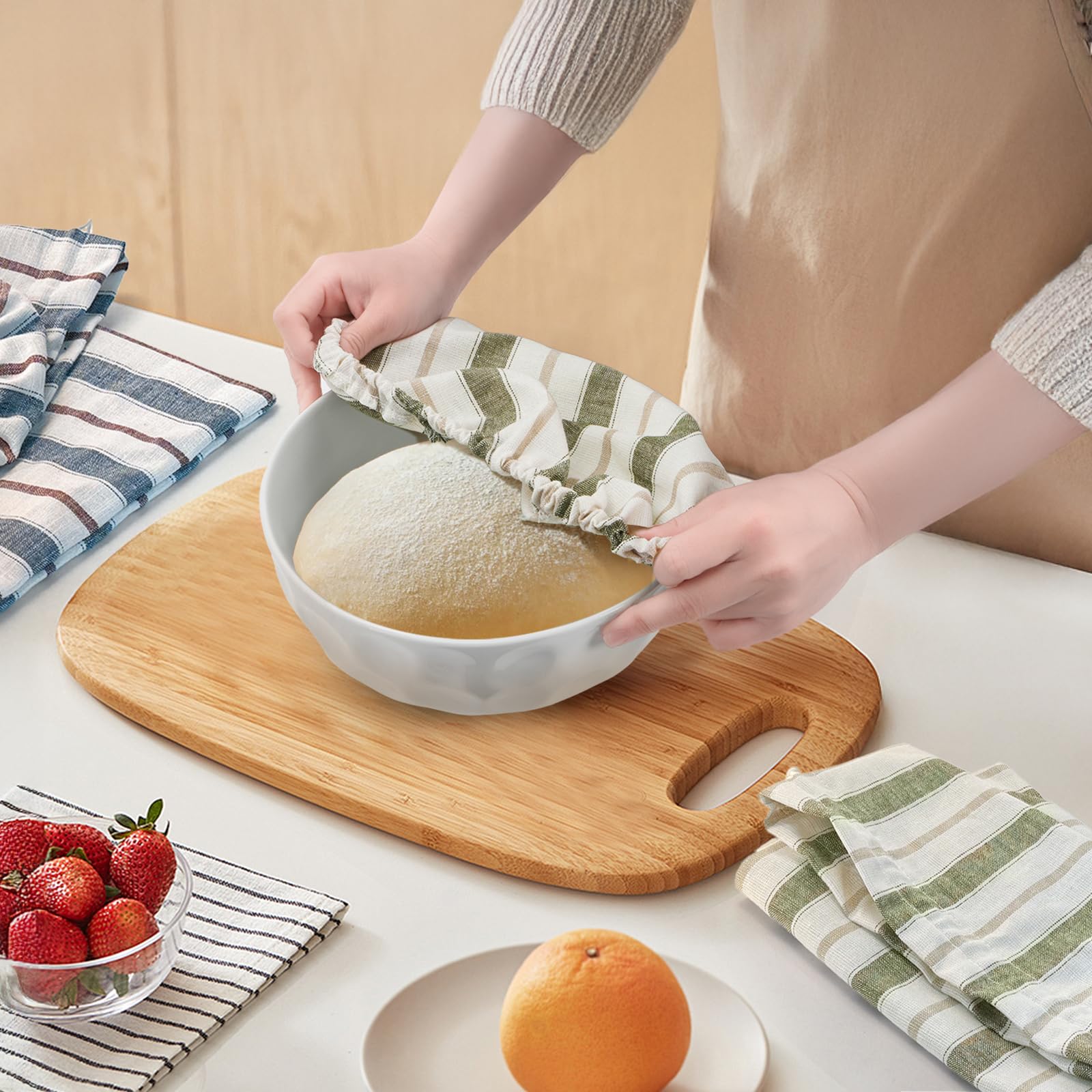 Elsjoy Set of 2 Linen Bread Bags with Bowl Covers, 18 x 12 Inch Reusable Linen Bread Storage Bag for Homemade Bread, Large Sourdough Bag with Plastic Lining for Loaf, Artisan Bread