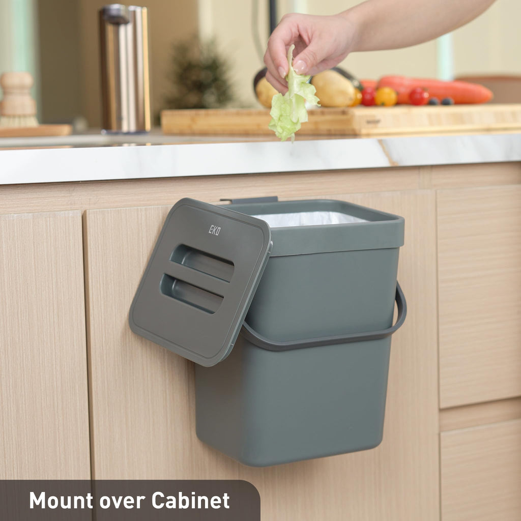 EKO Puro Wall-Mounted Trash Can with Lid, 1.32 Gal / 5L Hanging Trash Can, Small Kitchen Compost Bin for Counter Top, Mini Food Waste Bin (Grey)
