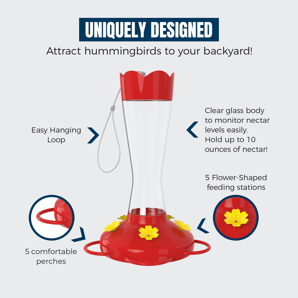 MEKKAPRO Outdoor Hummingbird Feeder Made from Glass, Hanging 5 Nectar Feeding Stations, Bright Red, Backyard Feeder (10 Ounce)