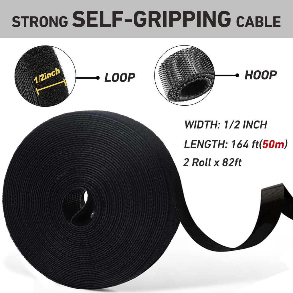 164ft 1/2 inch Fastening Cable Ties, Hitotsu Reusable Hook and Loop Roll, Self-Gripping Bundling Strips for Cord Manage,Home, Office, Electrical Cords, Host Room, Black,2 Roll