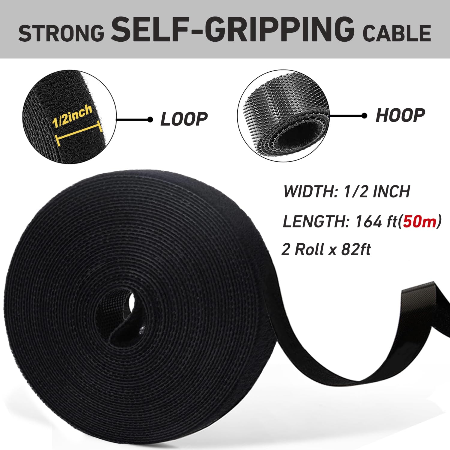 164ft 1/2 inch Fastening Cable Ties, Hitotsu Reusable Hook and Loop Roll, Self-Gripping Bundling Strips for Cord Manage,Home, Office, Electrical Cords, Host Room, Black,2 Roll