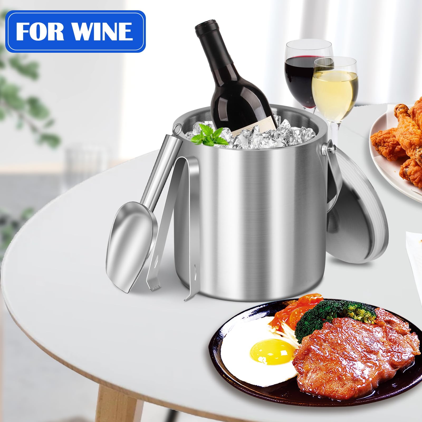 CAOANTRY Ice Bucket with Lid & Tong- Well Made Insulated Stainless Steel Keep Ice Frozen Longer - Ideal for Cocktail Bar, Parties, Chilling Wine, Champagne - 2 Liter (Stainless Steel)