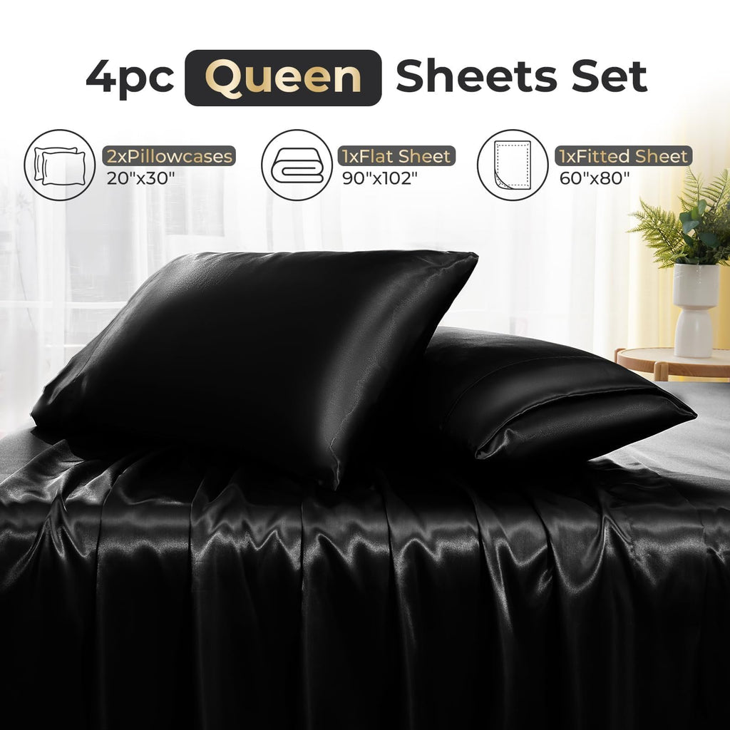 Sasttie Satin Sheets Queen - 4 Pieces Luxury Soft Black Silky Bed Sheets Set with Pillowcases - Smooth Silk-Like Drap Satin Fabric, Reinforced 14 Inches Pocket, Oeko-Tex Certified